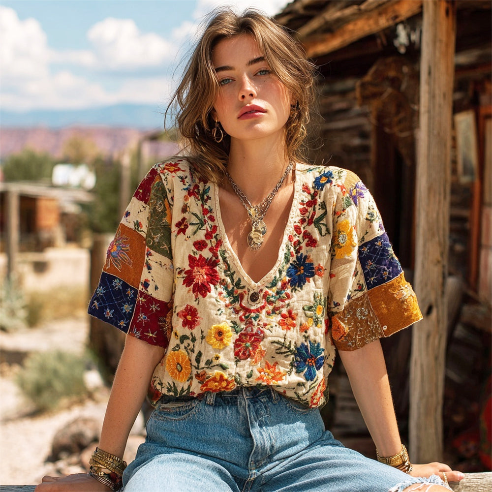 Western Vintage Boho Floral Patchwork Embroidered Women's Linen V-neck T-shirt