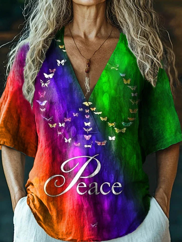 Women's Tie-Dye Love Peace Hippie Pattern Art Print Punk Hippie Batwing Pleated Fringe Cape Dresses