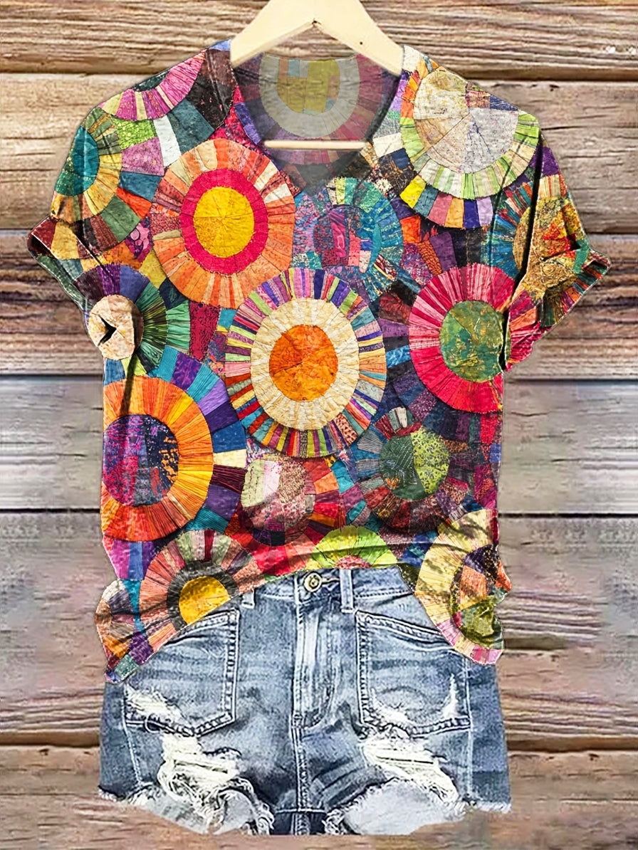 Women's Vintage Folk Collage Art Print Casual V-Neck Cotton T-Shirt