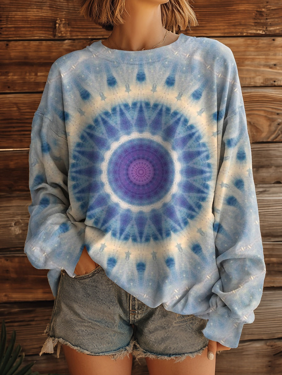 Women's Retro Kaleidoscope Pattern Print Casual Crew Neck Sweatshirt