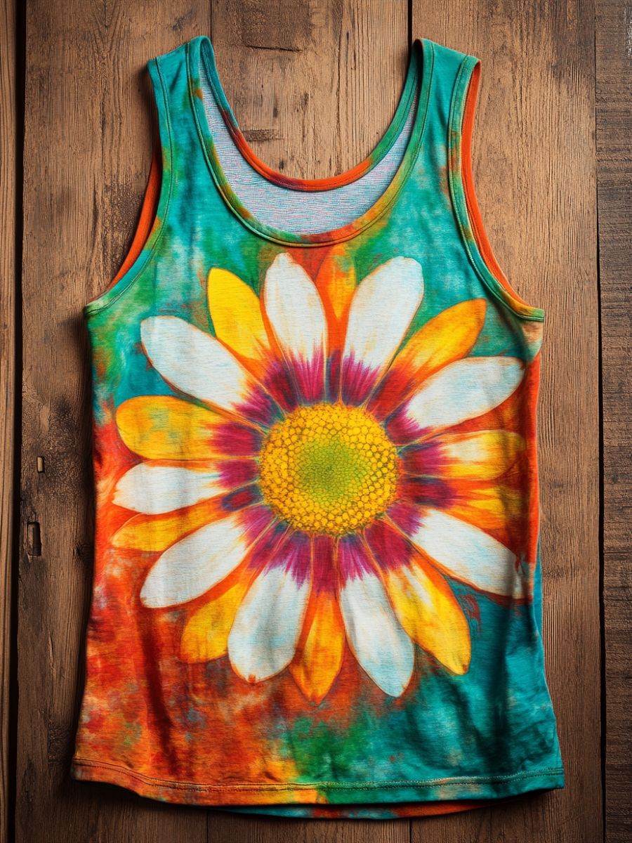 Unisex Tie Dye Daisy Art Graphic Print Crew Neck Cotton Tank Top