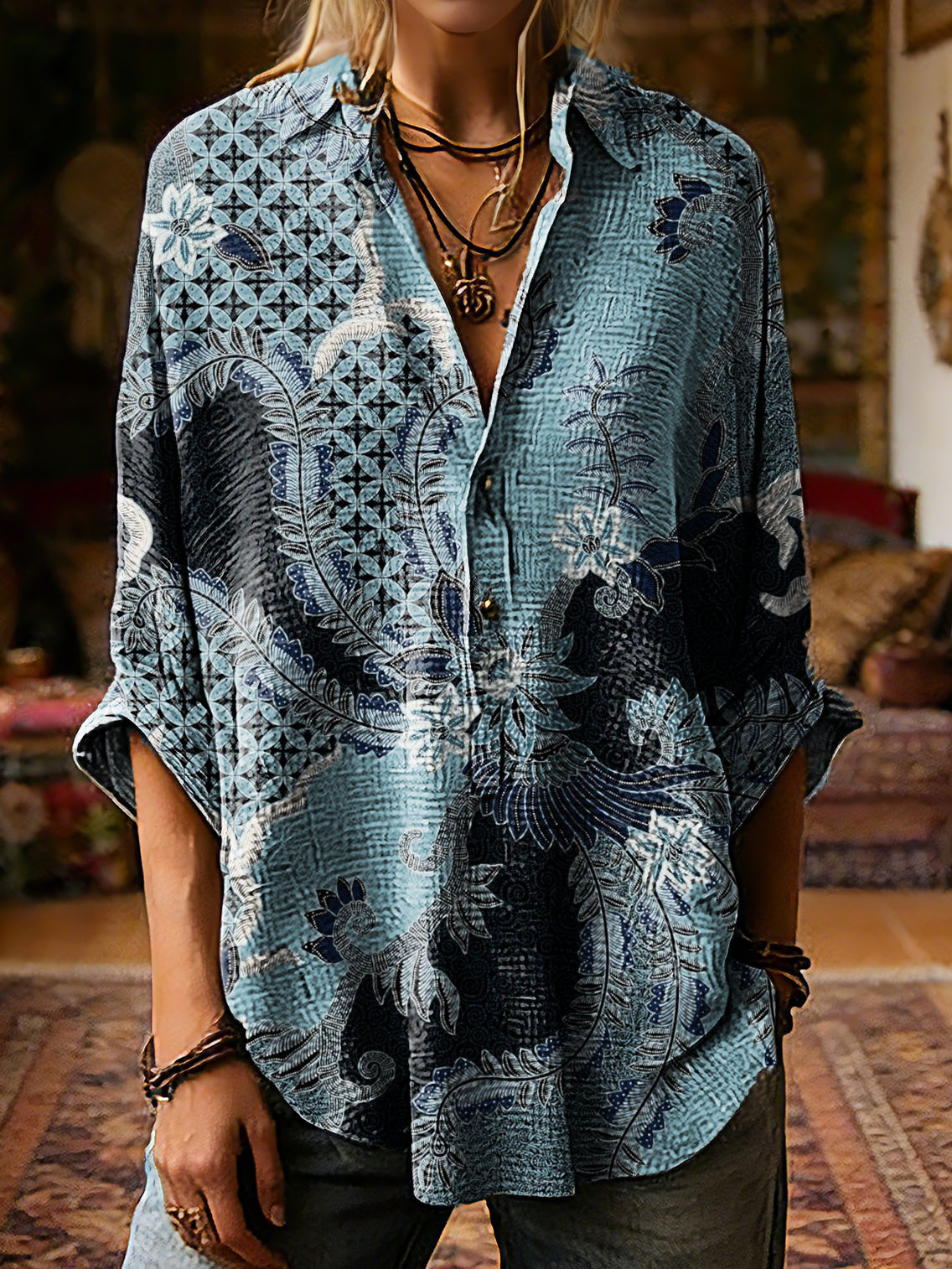 Women's Vintage Ethnic Blue Floral Art Print Casual Linen Cotton Long Sleeve T-shirt
