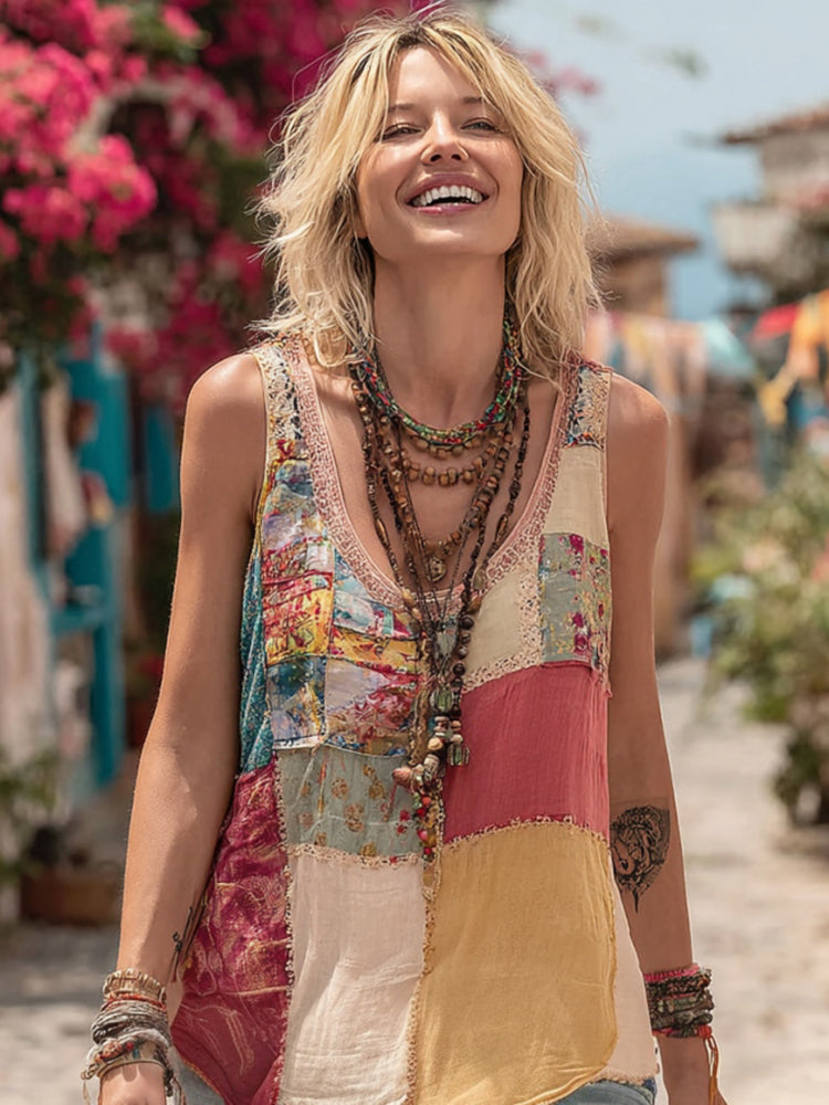Women Vintage Floral Geometry Art Linen V Neck Tank Top