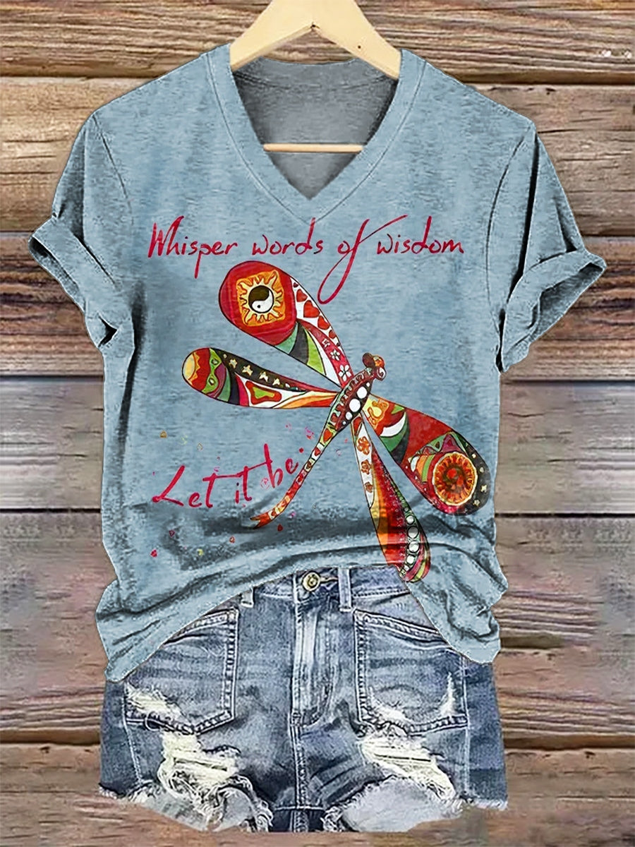 Women's Hippie Whisper Words Of Wisdom Dragonfly Printed V-neck Casual T-Shirt