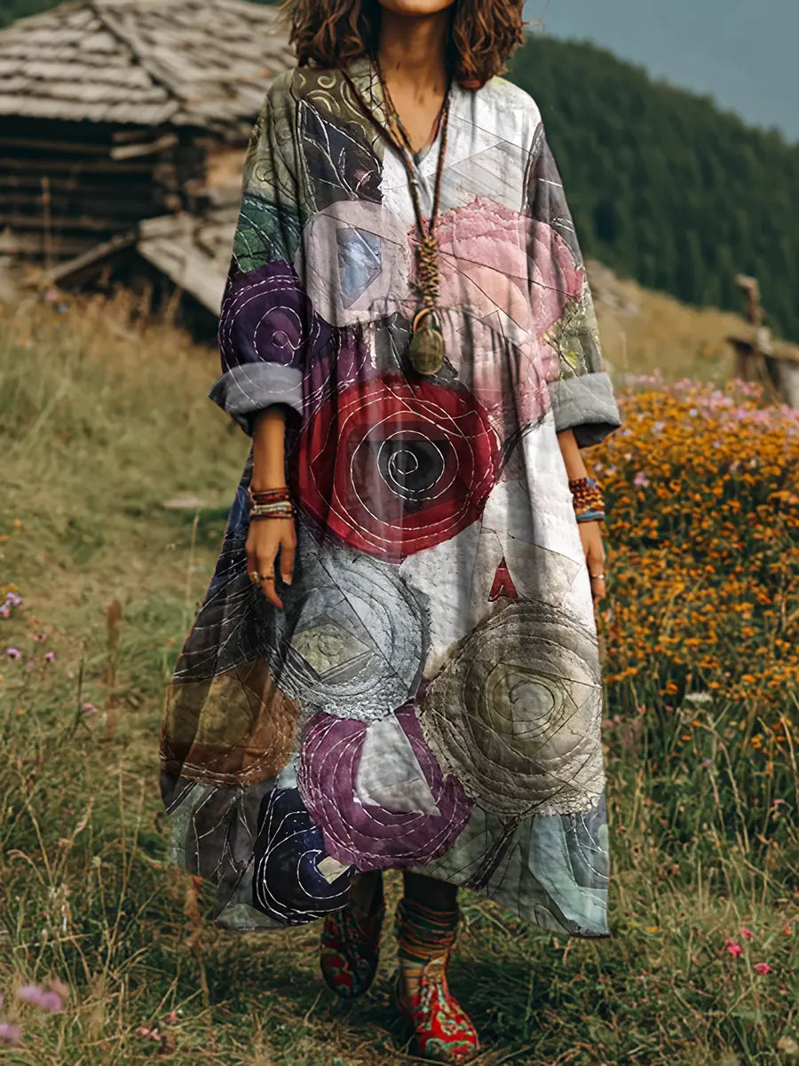 Ethnicity Geometry Flowers Texture Women's Art Print Casual Long Sleeve Dress