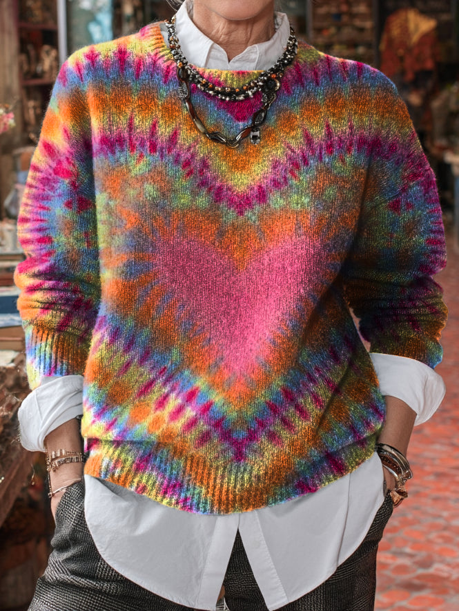 Ladies Retro Love Heart Tie-dye Gradient Art Printing Knit Leisure Pullover Sweater