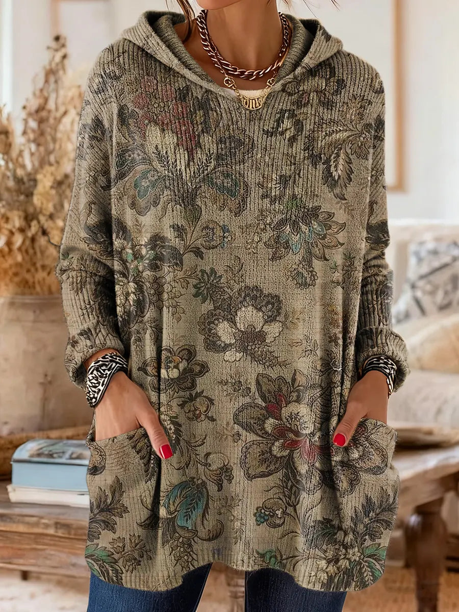 Women's Vintage Floral Art Print Casual Knit Hoodie With Pockets