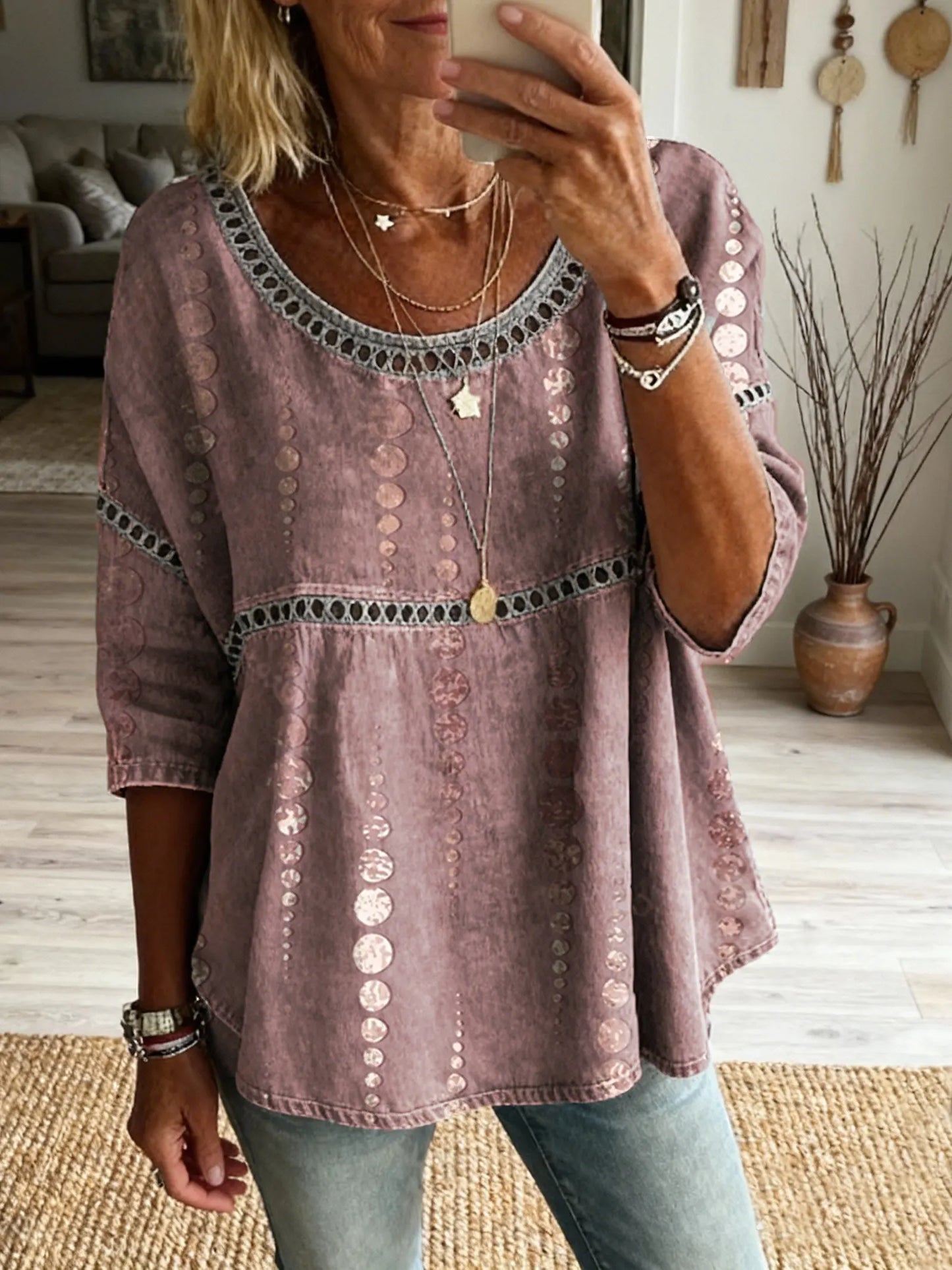 Women's Polka Dot Art Print Round Neck Hollow Shirt