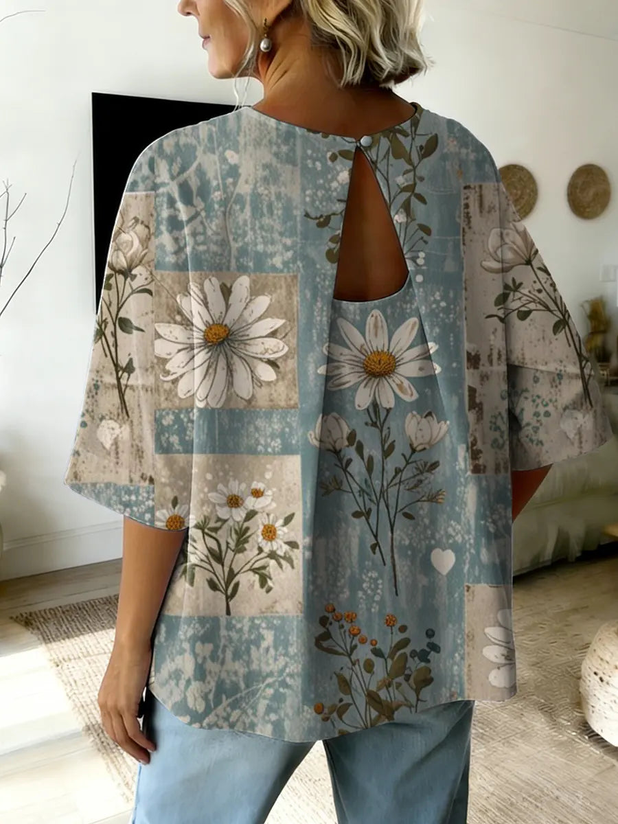 Ethnicity Bohemian Style Flowers Women's Art Pirnt Round Collar Shirt Top