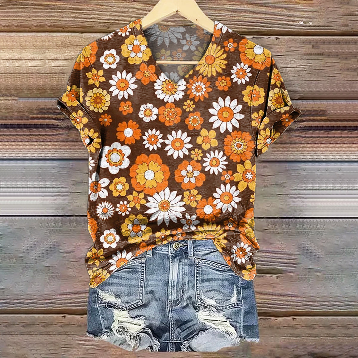 Women's Floral Art Print V-Neck Cotton T-Shirt