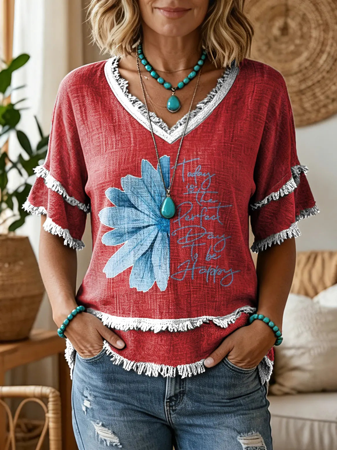 Women's Retro Hippie Blue Petal Art Print V-Neck Tasseled Cotton Top