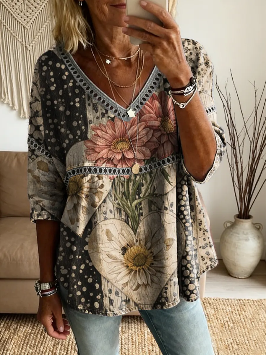 Ethnicity Bohemia Flowers Love Women's Vintage Art Print Casual V Neck Cutout Top