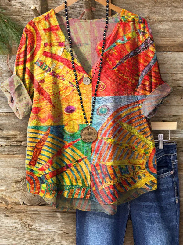 Women's Bohemian Sun Collage Art Pattern Print Casual Cotton Linen Shirt