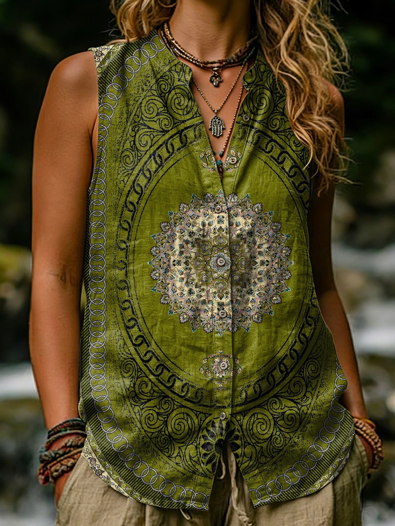 Women's Ethnic Green Floral Totem Art Print Casual Sleeveless Shirt Tank Top