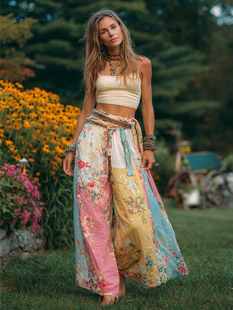Women's Bohemian Patchwork Casual Wide Leg Pants