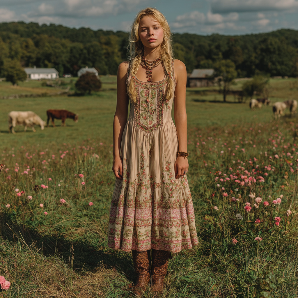 Vintage Pink Floral Linen Tank Midi Dress