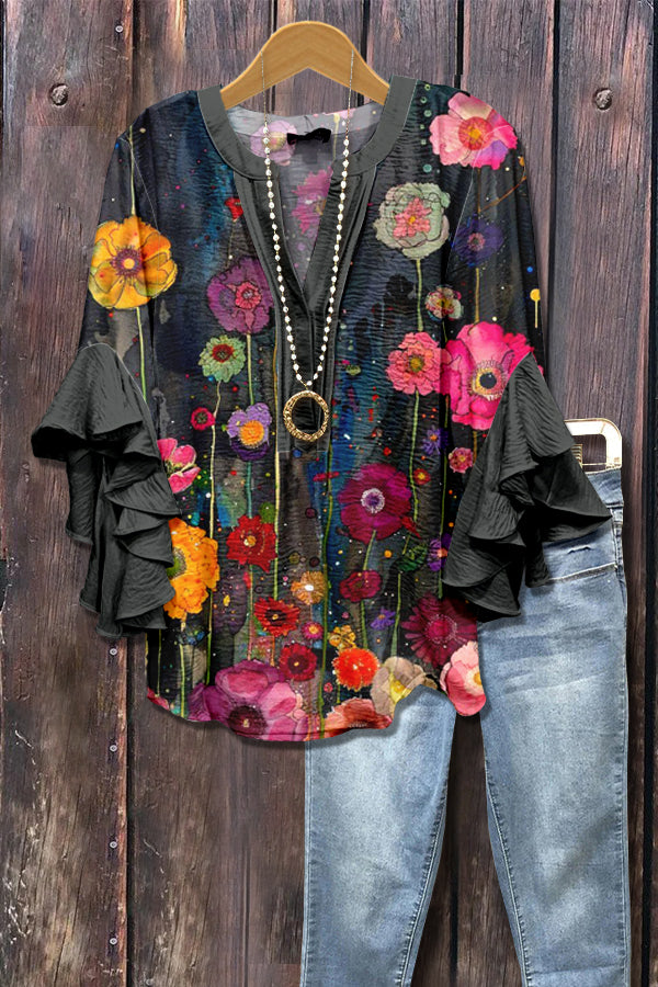 Colorful Art Floral Print Ruffle Sleeve Top