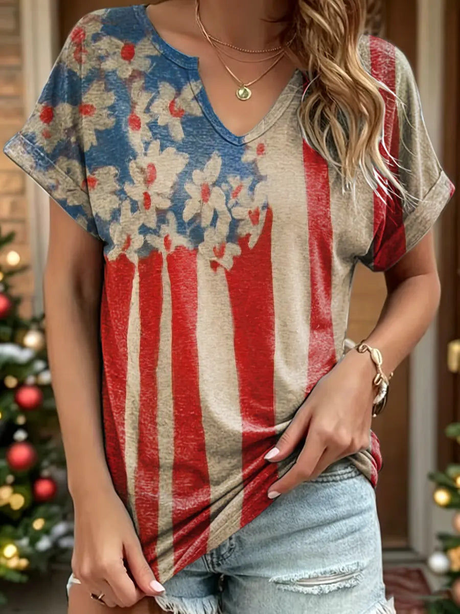 Women's Retro National Flag Floral Print V-neck Pure Cotton T-shirt