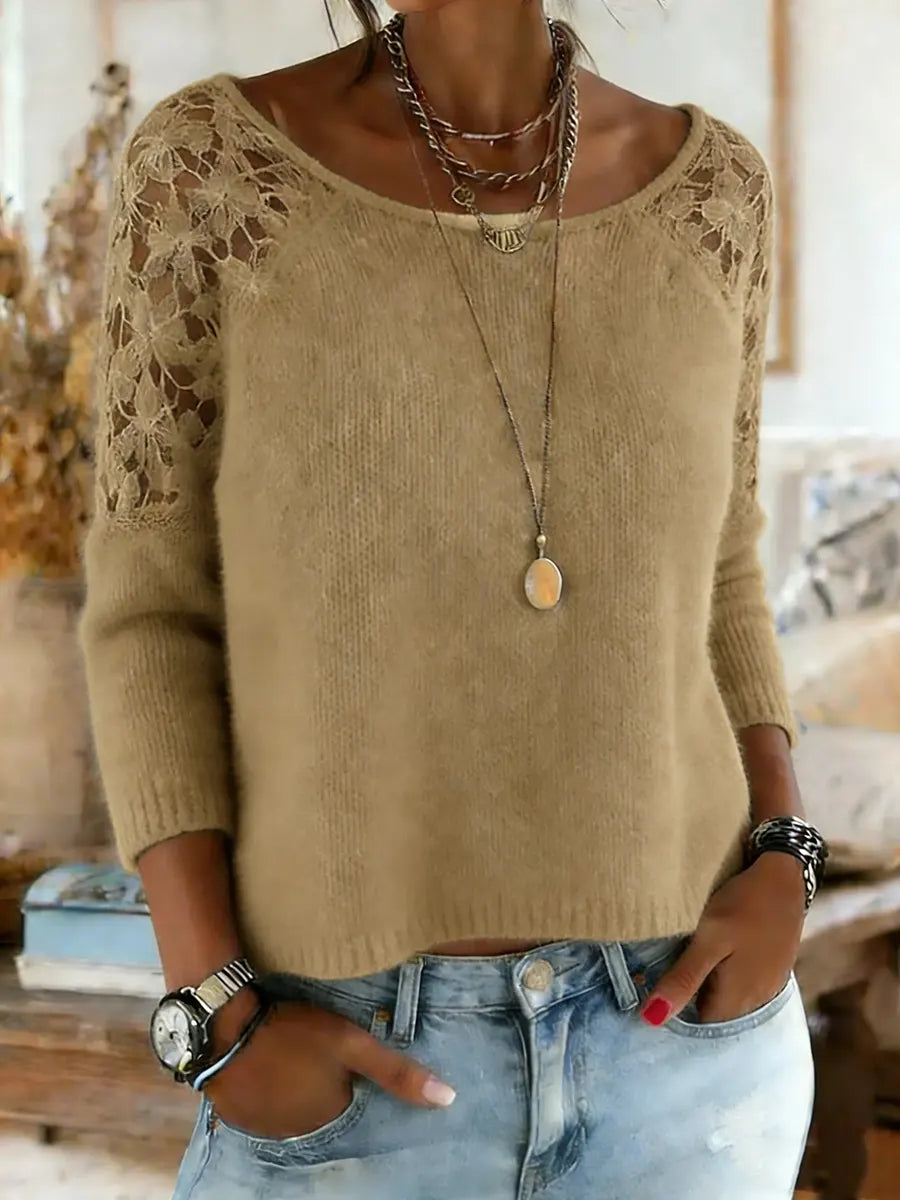 Women's Lace Patchwork Long Sleeve Crew Neck Sweater