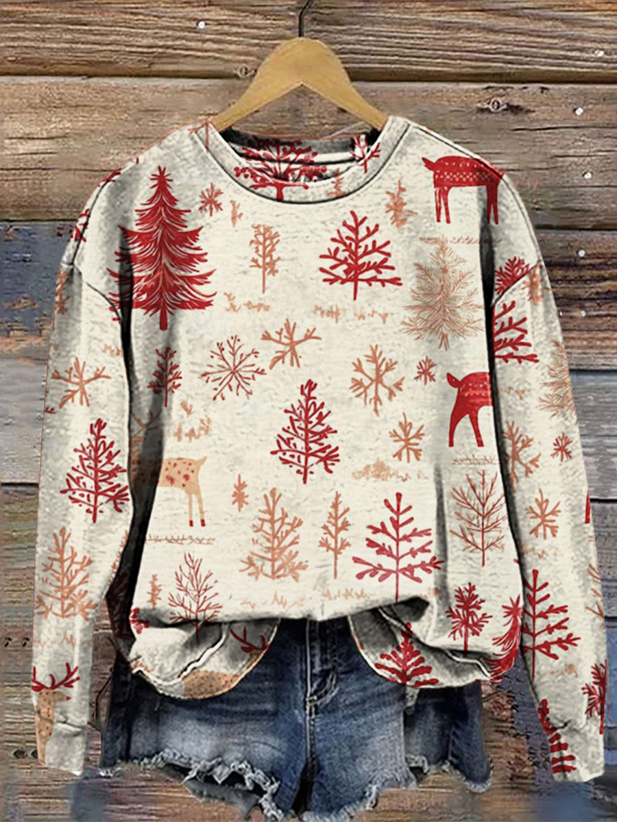Red Reindeer & Christmas Trees Cozy Retro Christmas Print Casual Sweatshirt