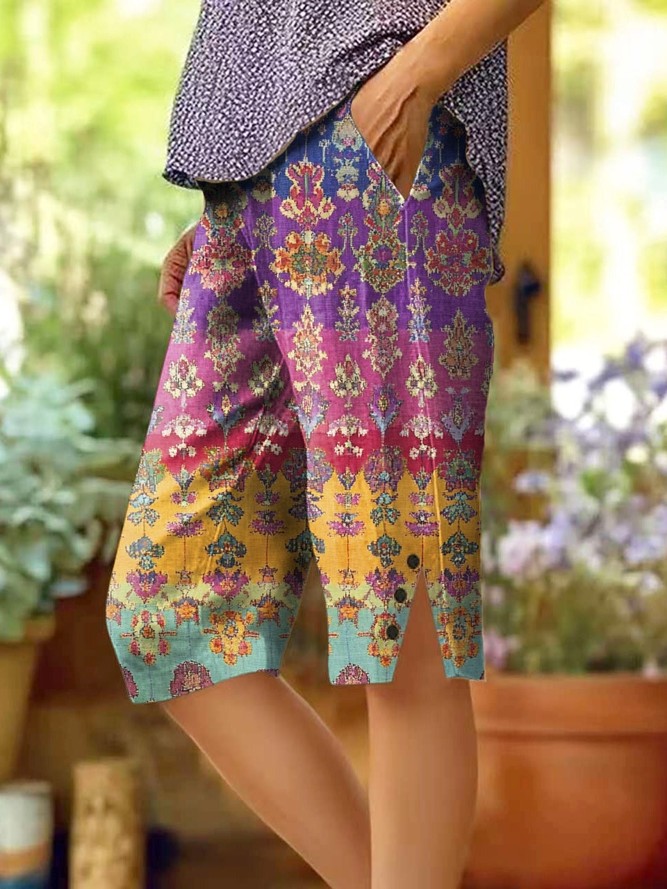 Women's Retro Folk Colorful Totem Art Print Casual Cotton and Linen Pants