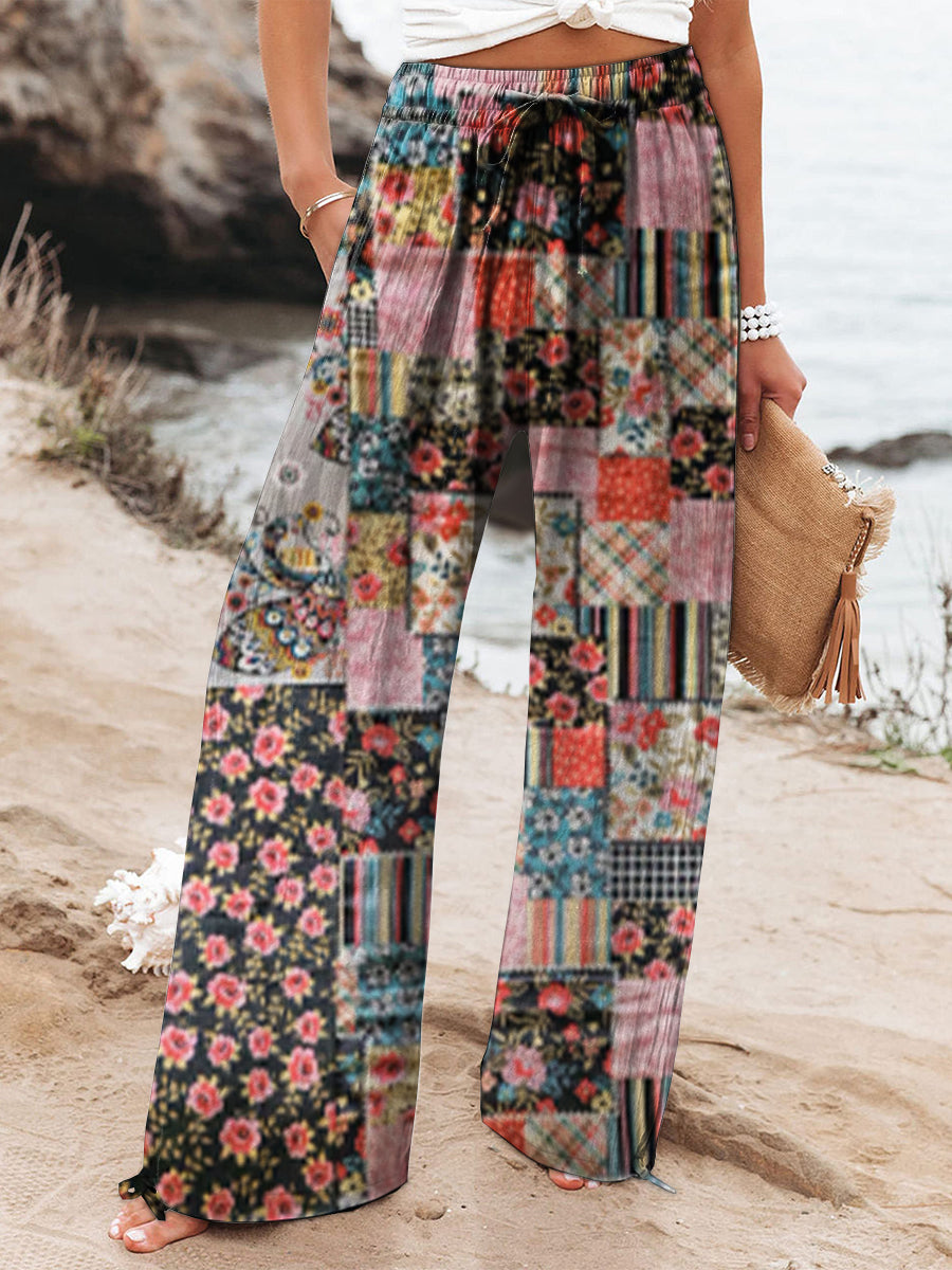 Women's Vintage Floral Patchwork Art Printed Cotton And Linen Casual Pants