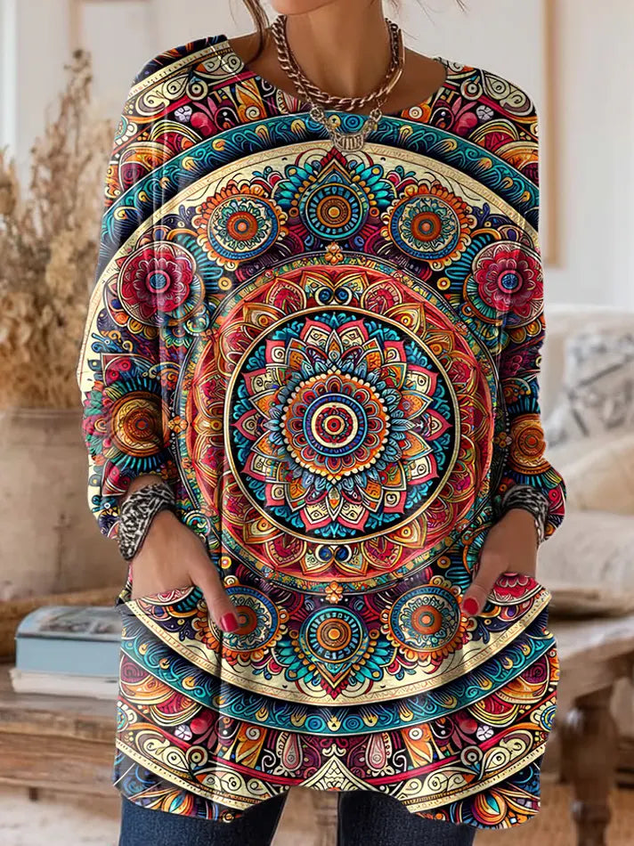 Women's Vintage Ethnic Mandala Floral Art Print Casual Long-sleeve T-shirt