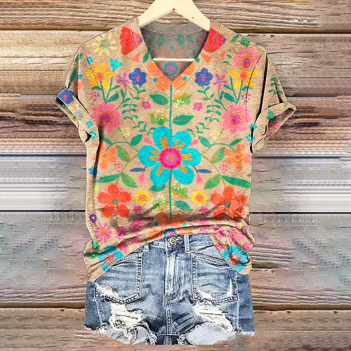Women's Bohemian Floral Art Print V-neck Casual T-Shirt