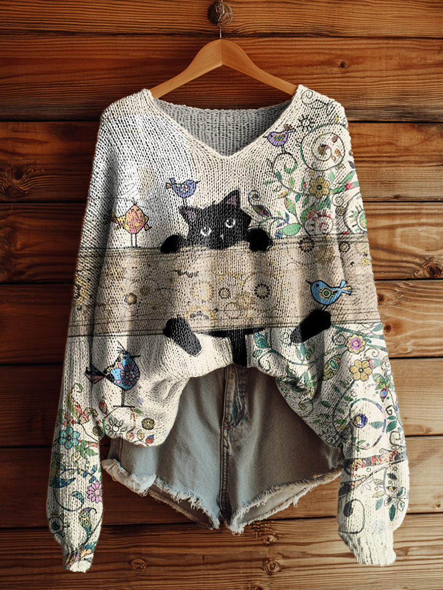 Women's Cute Black Cat Art Print Casual Pullover Sweater