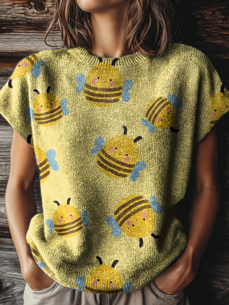 Women's Cute Bee Art Print Casual Crew Neck Short Sleeve Knitted Sweater