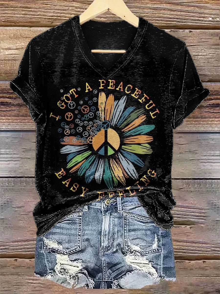 Women's Hippie Easy Feeling Art Print V-neck Casual T-Shirt
