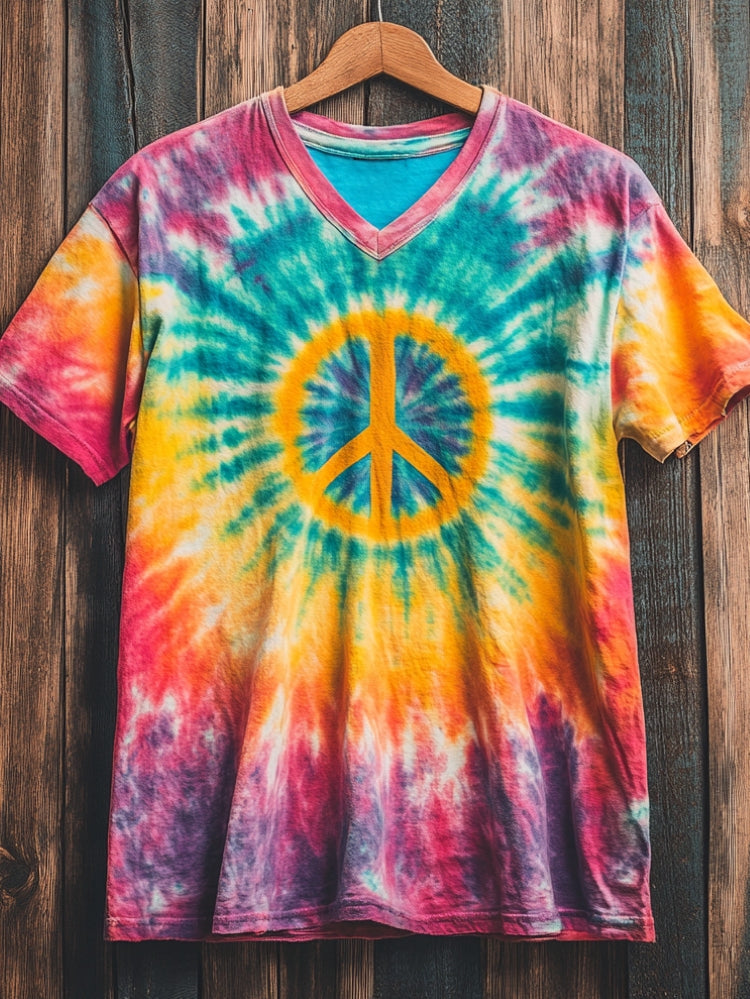 Women's Tie Dye Hippie Peace Print V-neck Casual T-Shirt