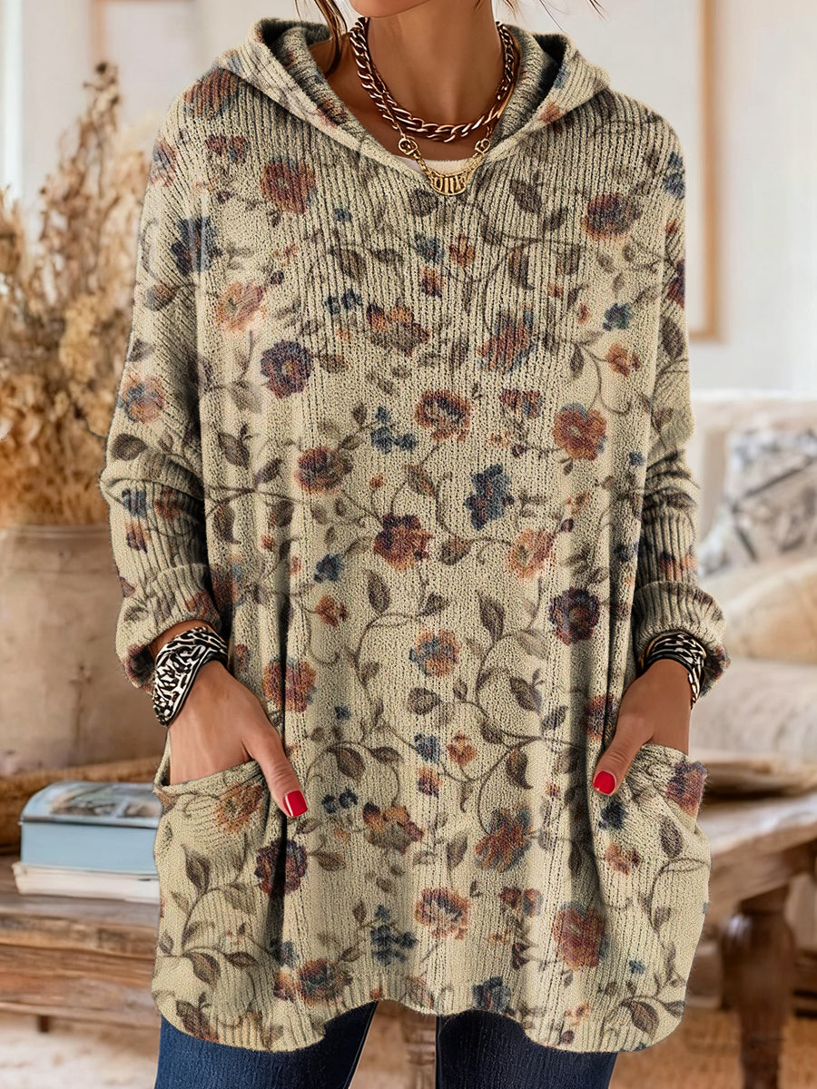 Women's Retro Floral Art Print Casual Long-Sleeved Hooded Cotton Knit Sweater