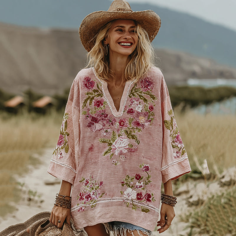 Love & Health Collection Retro Western Women Style Vintage Pink Striped And Floral Patchwork Art Linen Shirt
