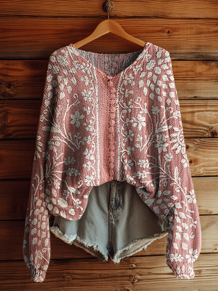 Women's Vintage Ethnic Floral Art Print Casual Pullover Sweater