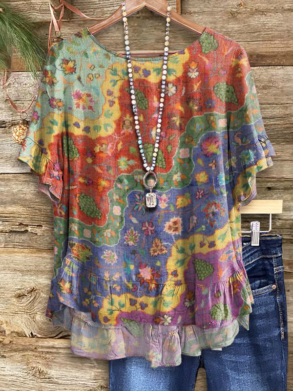 Women's Boho Floral Wave Collage Art Print Casual Round Neck Short Sleeve Shirt