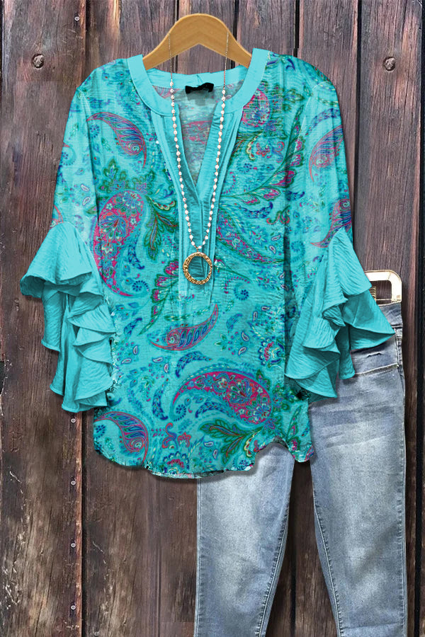 Elegant Vintage Paisley Print Ruffle Sleeve Top