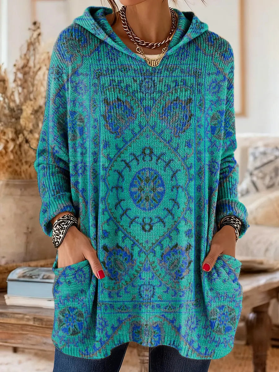 Women's Retro Ethnic Totem Art Print Casual Knitted Pocket Hooded Tunic Top