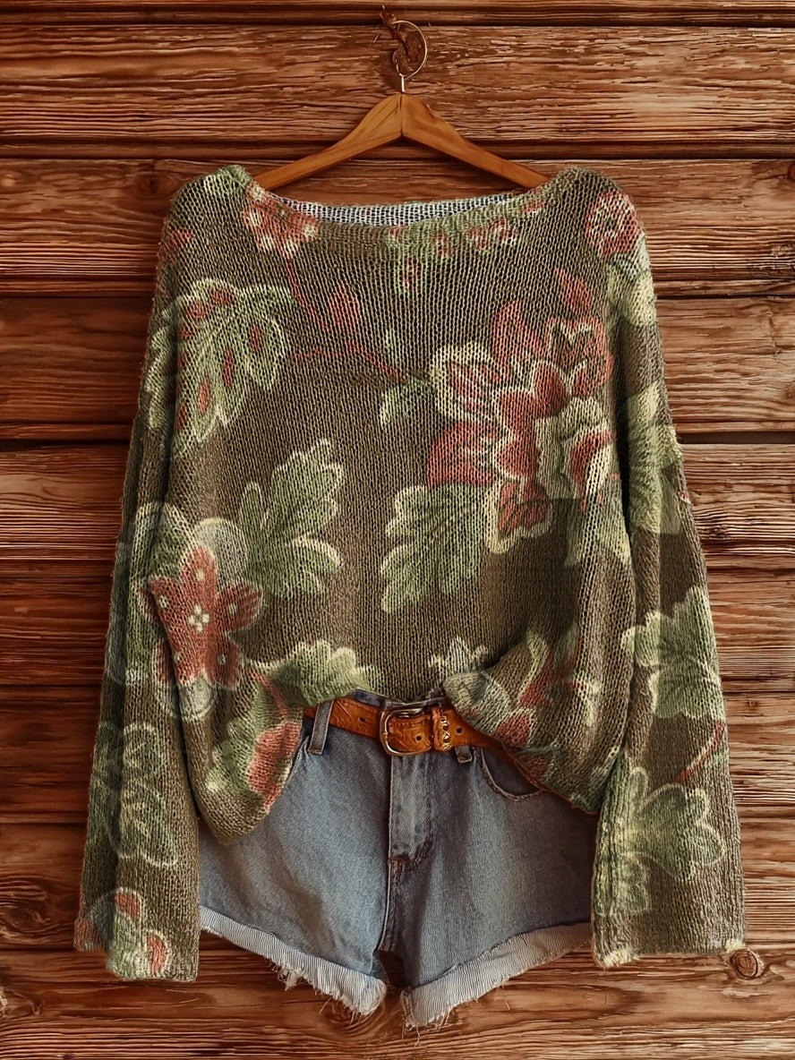 Women's Vintage Floral Art Pattern Print Casual Pullover Sweater