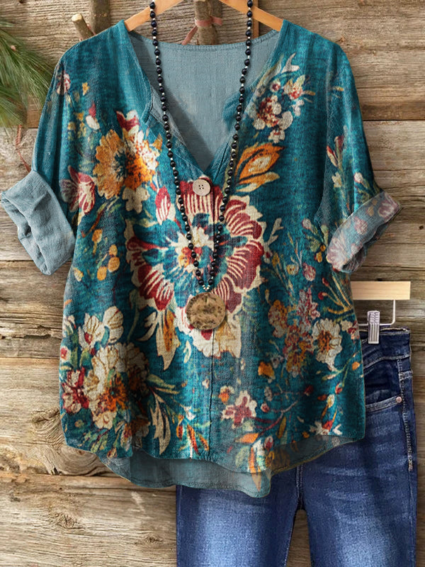 Women's Vintage Folk Flowers Print Casual Cotton Linen Shirt