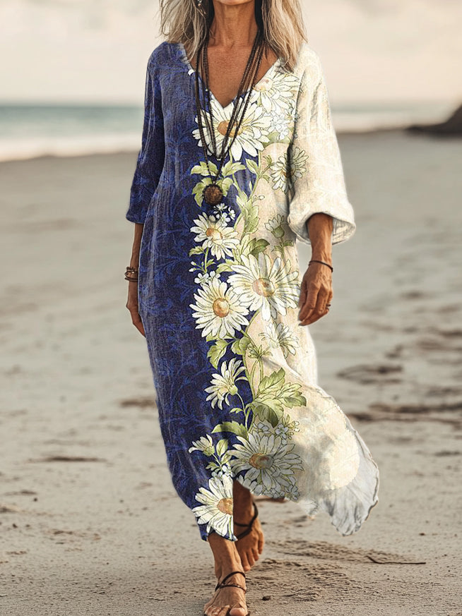 Women's Vintage Floral Art Print Pocket Cotton Dress