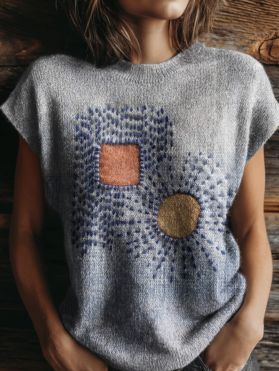 Women's Geometric Line Embroidery Print Casual Crew Neck Short Sleeve Knitted Sweater