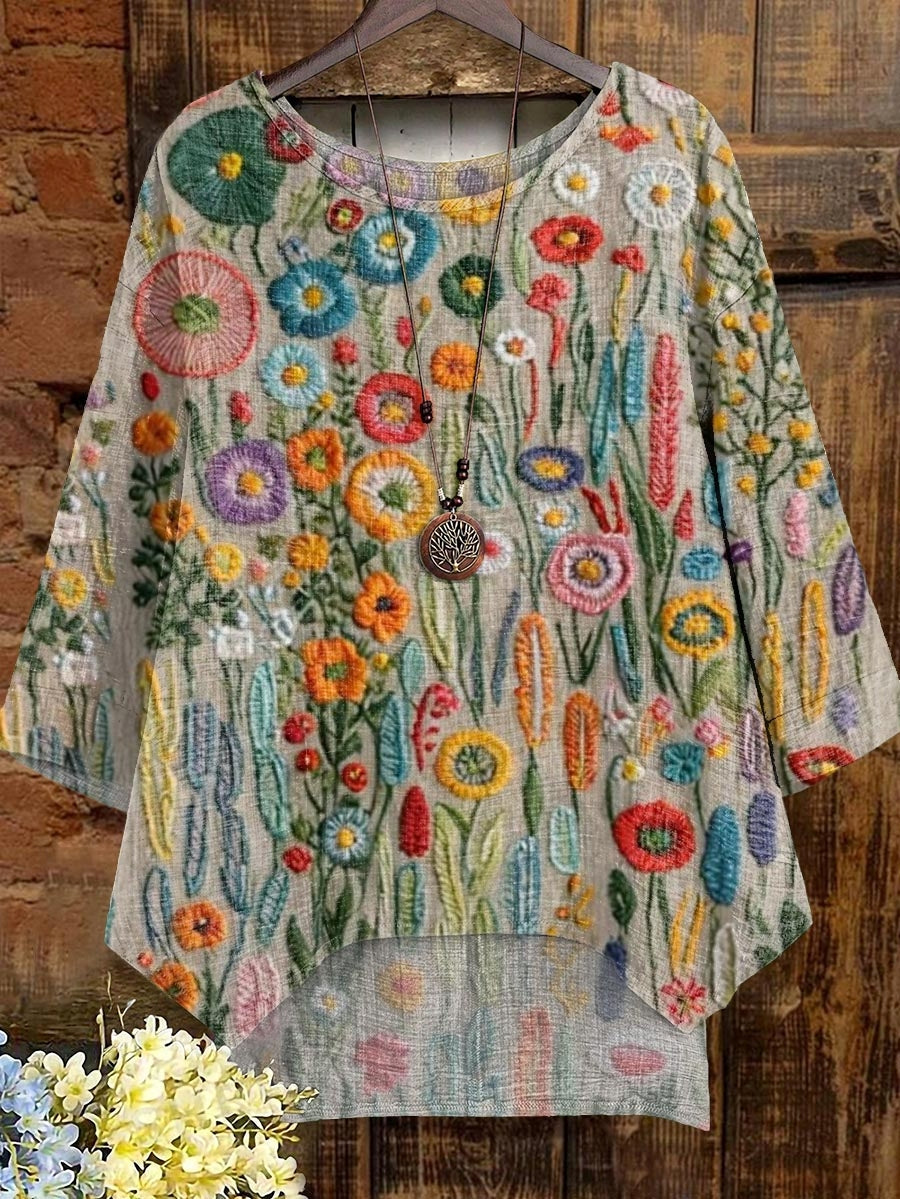 Women's Vintage Wildflower Art Print Comfortable Cotton Shirt