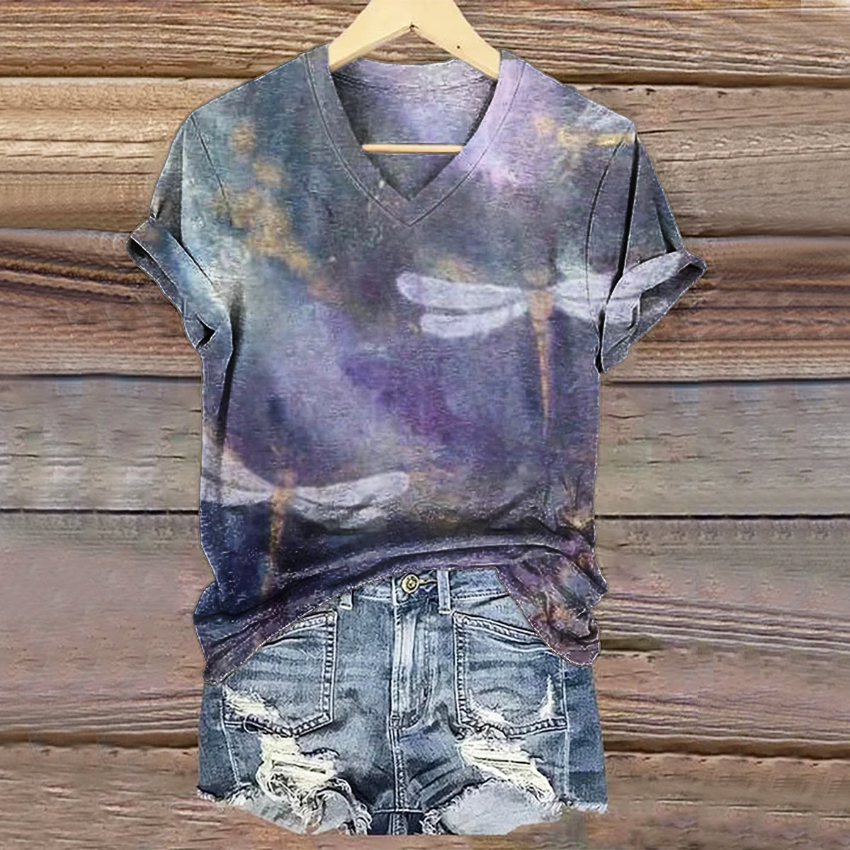 Women's Vintage Dragonfly Art Print V-neck Casual T-Shirt