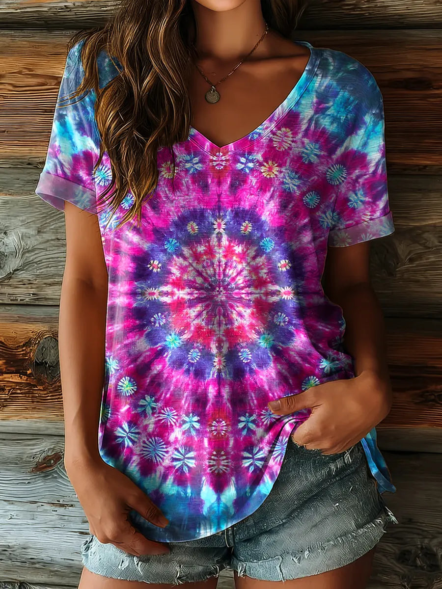 Women's Tie-dye Mandala Art Prints V Neck T-shirt