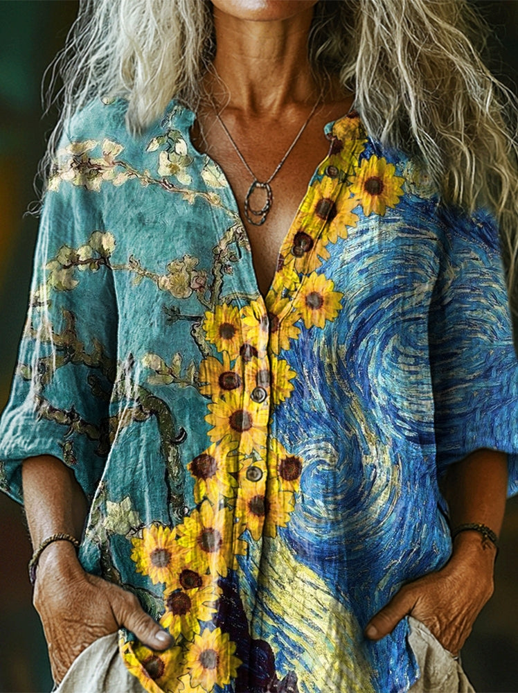 Women's Bohemian Sunflower Collage Art Pattern Print Casual Cotton Linen Shirt