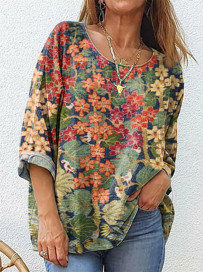 Women's Vintage Folk Floral Art Print Casual Crew Neck Cotton And Linen Shirt