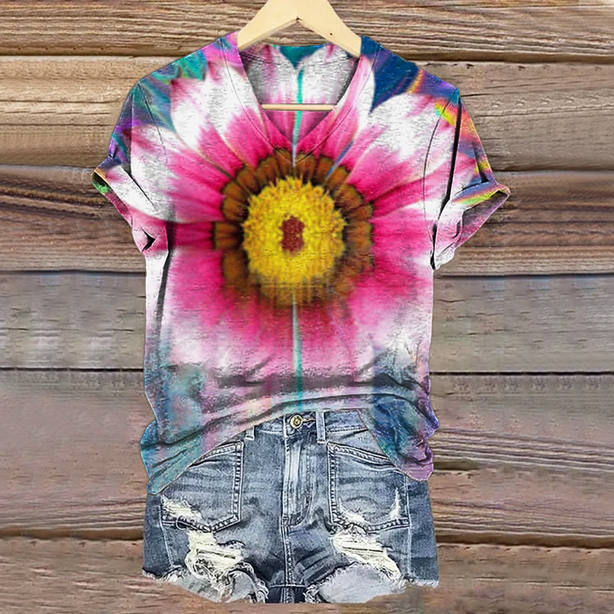 Women's Hippie Tie Dye Floral Art Print V-neck Casual T-Shirt