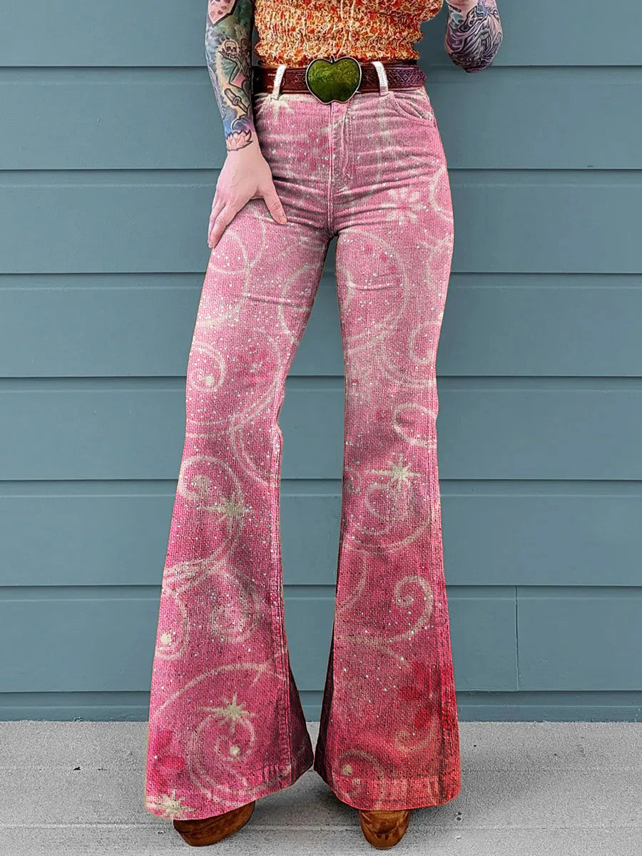 Women's Retro Floral Gradient Print Mid-Rise Button-Hem Bootcut Pants (Without Belt)