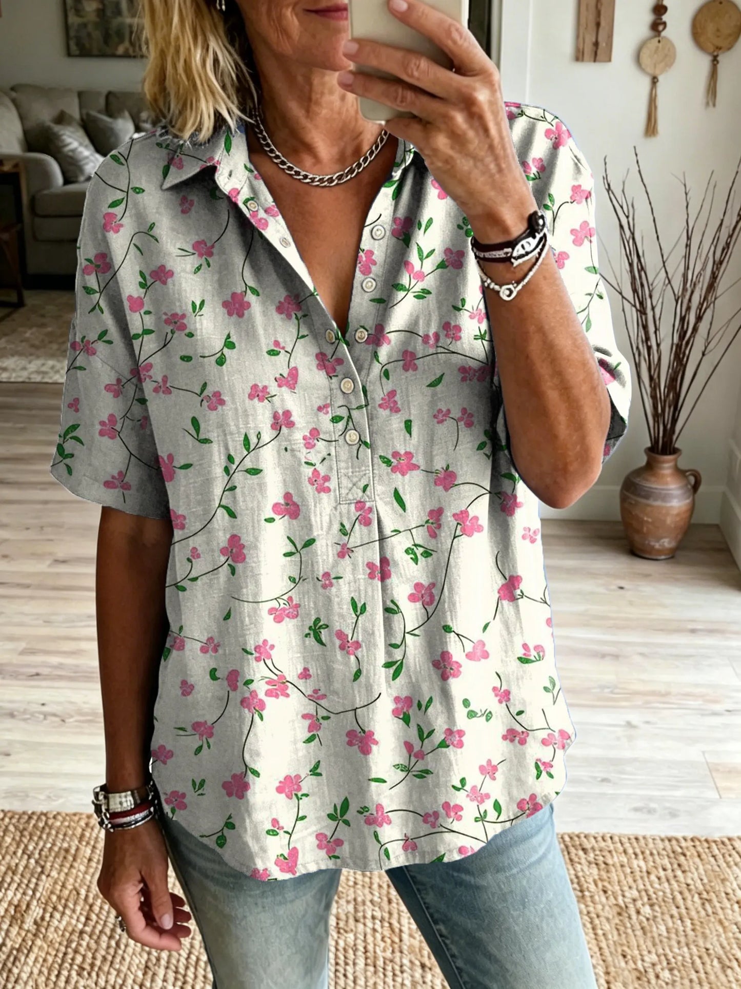 Women's Vintage Floral Art Print Short-Sleeve Henley Shirt with Lapel Collar